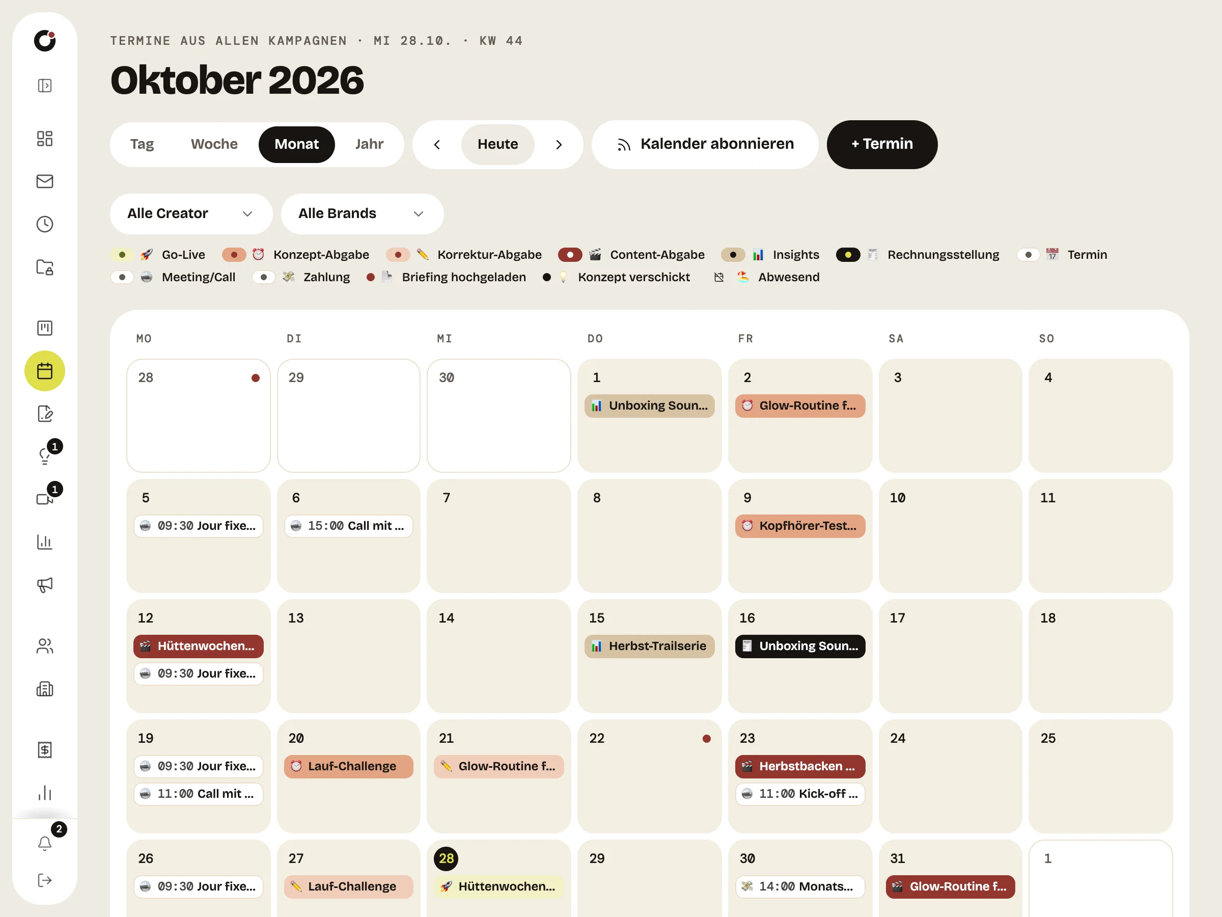 Kalender in der Monatsansicht mit Terminen aus mehreren Kampagnen
