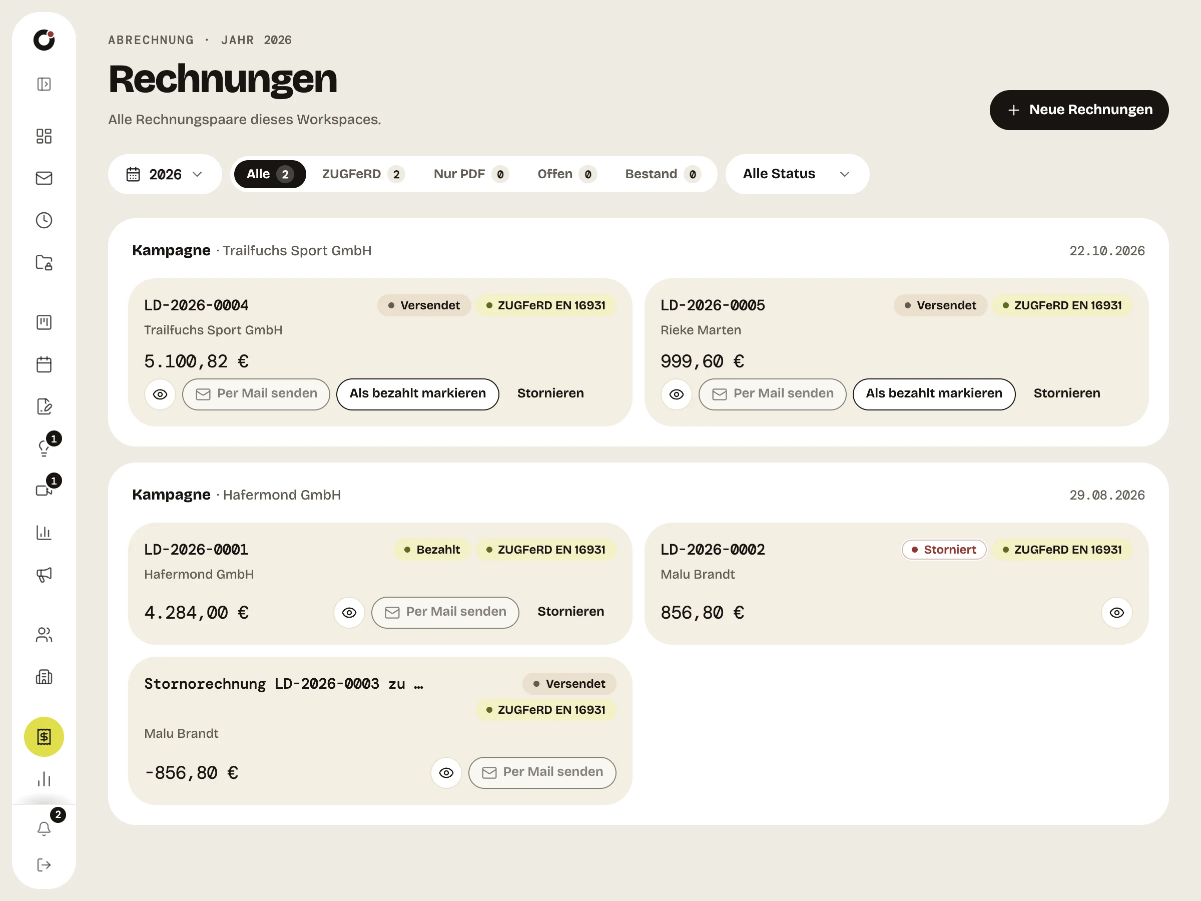 Rechnungsliste mit Nummern, Beträgen und Status: offen, bezahlt, storniert